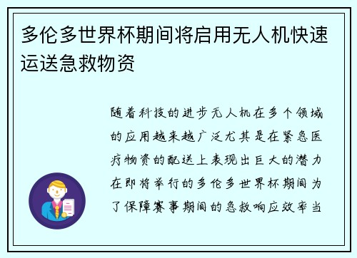 多伦多世界杯期间将启用无人机快速运送急救物资