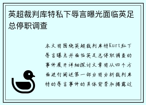 英超裁判库特私下辱言曝光面临英足总停职调查