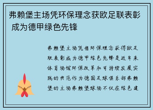 弗赖堡主场凭环保理念获欧足联表彰 成为德甲绿色先锋